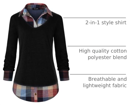 Image of Oyamiki Women's Casual Collared Curved Hem 2 in 1 Pullover Tops Plaid Contrast Shirt Blouse