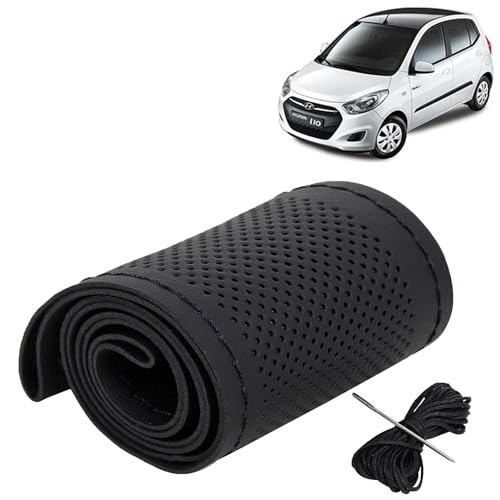 Image of KINGSWAY PU Leatherite Car Steering Cover Sewable Compatible with Hyundai I10 (Year 2010-2013), Black Color with Black Thread, Pack of 1 with Sewing Needle and Thread