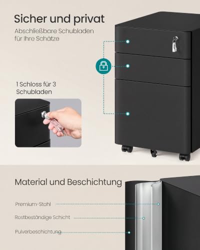 SONGMICS Aktenschrank mit 3 Schubladen, Rollcontainer, Stahl, abschließbar – Ansicht 4