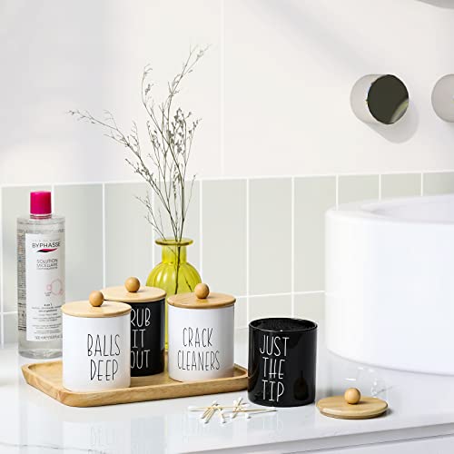 4 Pack Glass Apothecary Jars With Bamboo Lids - Cute Bathroom Organizer Canister For Cotton Ball, Cotton Swab, Cotton Pads, Floss Picks - Qtip Holder Dispenser, Rustic Farmhouse Bathroom Decor Gift #TOP6