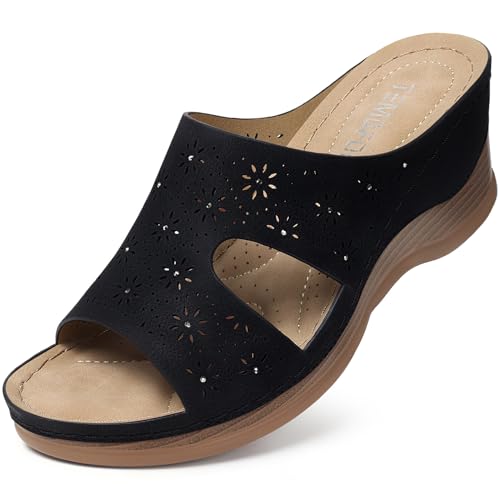 TEMOFON Women Wedge Sandals Dressy: Soft Leather Sandal, Rubber Sole, Comfortable Walking, Casual Slip on Summer Sandals