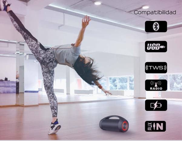 Aiwa AWS600BT speaker with icons for Bluetooth, USB, TWS, Radio, Battery, and AUX, indicating compatibility.