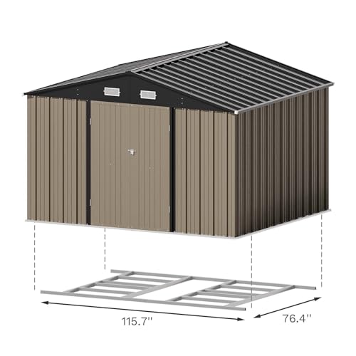 Patiowell 10 x 8 FT Outdoor Storage Shed with Floor Frame, Large Garden Tool Metal Shed with Sloping Roof and Double Lockable Door for Backyard Garden Patio Lawn,Brown