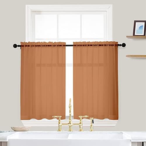 OVZME Orange Sheer Curtains 36 inches Long, Short Kitchen Window Treatment Solid Sheers Cafe Curtains Bathroom Voile Half Window Curtains 2 Panels, Rod Pocket, 42" Wx36 L