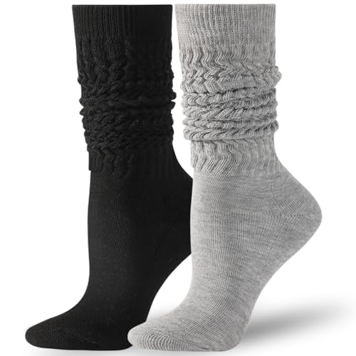Image of Pleneal 2 Pairs Slouch Socks for Women Long Slouchy Scrunch Socks, Knit Chunky Boot Sock,Black&Grey