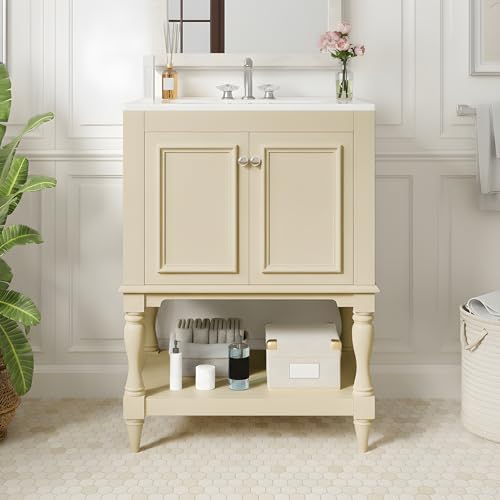 Marzzi 24 Inch Bathroom Vanity with Sink, Freestanding Small Bathroom Vanity Cabinet with 2 Soft-Close Doors & Open Storage Shelf, Modern Farmhouse Powder Room Vanity, Ceramic Sink, Solid Wood Legs