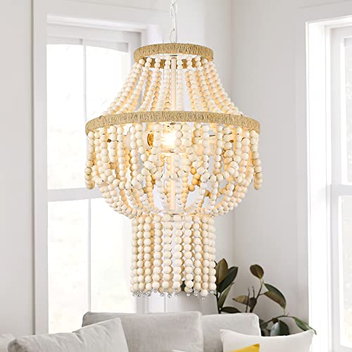 Elyona Wood Beaded Chandelier, Boho Farmhouse Pendant Light Feature, Natural Birch Wood, 16" Rustic Hanging Light, Country Chandelier For Bedroom, Kitchen, Dining Room, Living Room, Entryway, White #TOP5