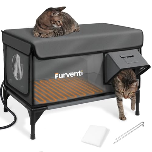 Heated Cat House for Outside Dual Camera Mounts 100% Weatherproof & Extremely Insulated Elevated Feral Cat Shelter with Escape Door Waterproof Eaves for Outdoor Stray Barn Cat(Dark Grey L)