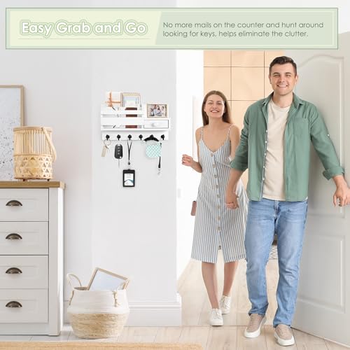 VISV-Key-Holder-Wall-Mount-Wooden-Key-Mail-Holder-with-Drawer-Key-Organizer-Mail-Sorter-with-6-Key-Hooks-Key-Rack-with-Shelf-for-Entryway-Doorway-Hallway-White