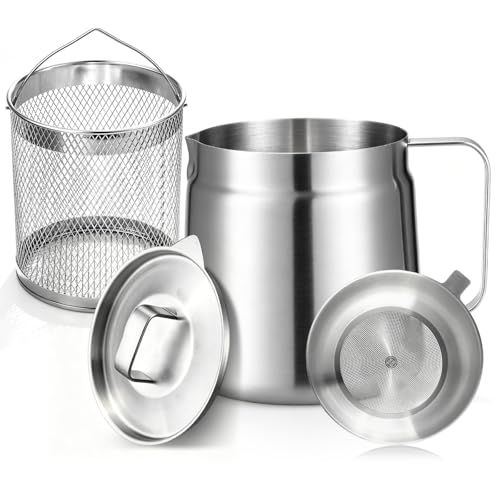 Etehup 68oz Mini Deep Fryer Pot, Premium 304 Stainless Steel with Frying Basket & Strainer, Multi-Use Bacon Grease Container, Lightweight Portable for Kitchen, Camping & RV, Dishwasher Safe