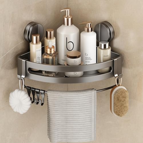 Corner Shower Caddy Suction Cup, 1 Pack Shower Shelves No Drilling, Showers Organizer Storage with Towel Bar & Removable Hooks, Bathroom Shower Shelf Rack for Inside Showers