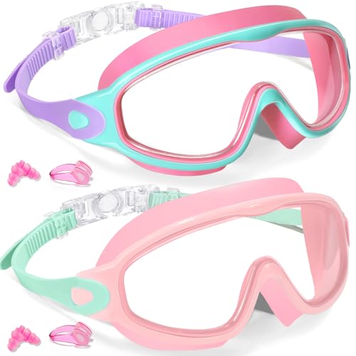 Keary 2 Pack Kids Swim Goggles 6-14 8-14 Kids Swimming Goggles Age 3-15 4-7 4-16 8-12 For Boys Girls Youth Toddler Children Pool Water Goggle Anti Fog UV Protection Clear Wide View Waterproof Pink
