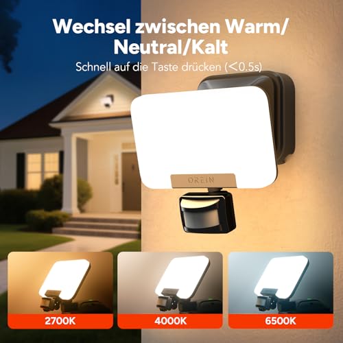 OREiN Led Strahler mit Bewegungsmelder Außen 3000LM, 2700/4000/6500K Warm-/Neutral-/Kaltweiß Superhell 27W Außenstrahler mit 3 Leuchtmodi, IP65 Wasserdicht Fluter Flutlicht für Garage, Hof, Haustür