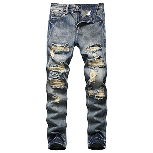Maiyifu-GJ Men's Ripped Distressed Destroyed Jeans Straight Leg Slim Fit Stretch Denim Pants Washed Hip Hop Jean with Holes
