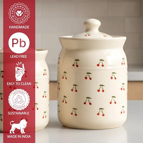 Image of Cherry Printed Ceramic Handglazed Pickle Jars Set of 2-1000 ML Each | 1 kg Achaar Martban Barni Jar with Lid | Ceramic Storage Jar Container Pickle /Achar, Chatney