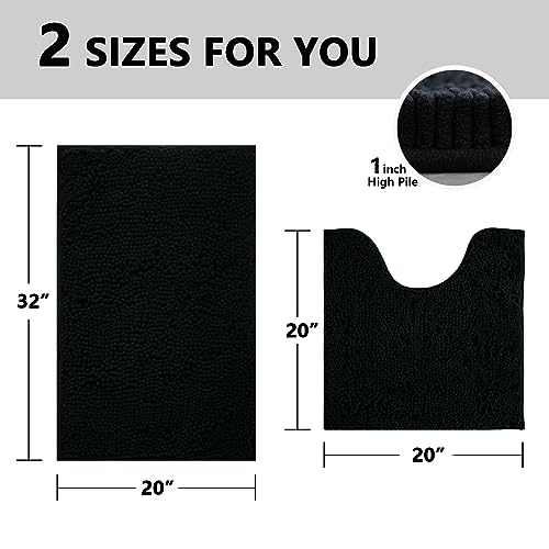 Image of BOANKODU Bathroom Rug Sets, Absorbent Chenille Bath Rugs Non-Slip, 32x20 Inch + 20x20 Inch U Shape, Machine Washable (Black)