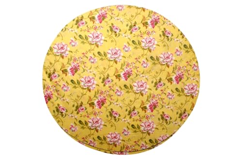Image of The Furnishing Tree Elastic Cotton Round Center Table Cover 24x24 in Inches Floral Pink Rose on Yellow Base