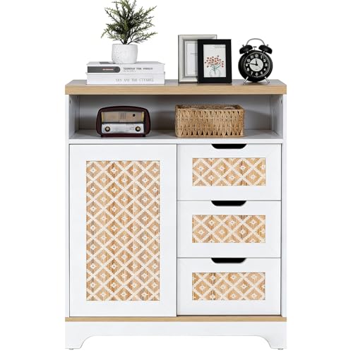 ALBAD Boho Chic Rattan Sideboard Buffet Cabinet with Sliding Doors & Drawers, Farmhouse Credenza Coffee Bar Storage Console Table for Kitchen, Living Room, Entryway, Dining Room (White)