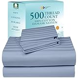 California Design Den - Queen Sheets Set Cotton Soft 100% Cotton Cooling Sheets Deep Pockets Snug Fit Elastic, 500 Thread Count Sateen, Hotel Quality, Damask Stripe Sheets for Bed (Light Blue)