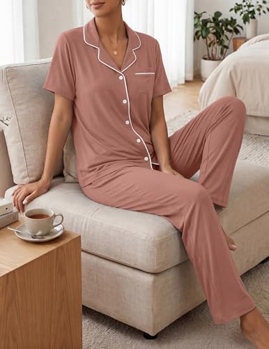 Image of ZMJ Womens Pajamas Sets 2 Piece Button Up Pj Sets Short Sleeve with Long Pant