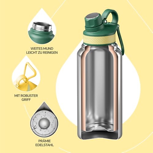 Ideus Vakuumisolierte Wasserflasche, 950 ml Edelstahl Doppelwand Flasche Metall Sport Kantine mit auslaufsicherem Schraubverschluss – Ansicht 3