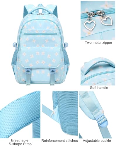 JiaYou Girls Primary School Backpack Sets 3Pcs Daypack Flower Pattern Elementary Bookbag with Lunch Bag Pencil Case(Blue,18 Liters)4
