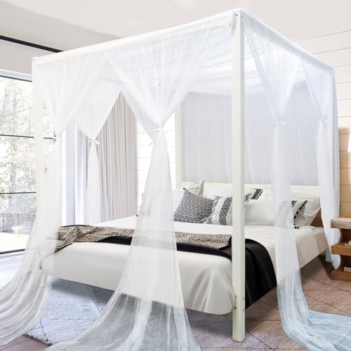 South To East Rideau de lit Blanc avec 4 d'angle, auvent de lit, Rideaux de lit élégants pour décoration de Chambre à Coucher, Maille Polyester 75D, 4 Ouvertures, Installation Facile, Rideau