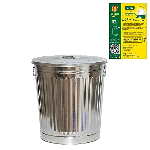 Jinfa 1 Seau en métal galvanisé avec poignées et couvercle au design rétro + 5 sacs poubelle | Zinc | Ø 44 cm | Capacité 62L