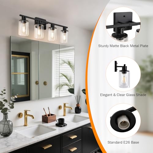 Image of Matte Black Bathroom Light Fixtures Over Mirror,4-Light Bathroom Vanity Light with Clear Glass Shade,Modern Farmhouse Wall Sconces Lighting for Mirror Kitchen Living Room Cabinet