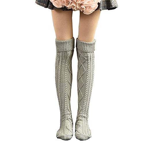 Women's Over Knee Socks Thigh High Cable Knit Stockings Boot Extra Long Winter Leg Warmers Thick (One Size,Grey)