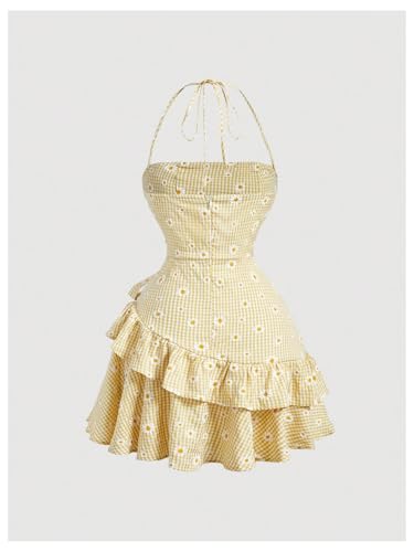 Image of Floerns Women's Floral Halter Ruffle Tiered Cute Summer Mini Dress Milkmaid Vacation Sundress