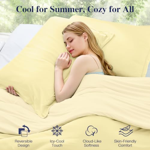 Image of MUXHOMO Cooling Comforter Set Full Size, Lightweight Summer Comforter for Hot Sleeper, Reversible Bedding with ICY Cooling Surface, Includes 1 Comforter (82 inchx86 inch) and 2 Shams (20 inchx 26 inch), Cream Yellow