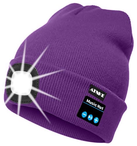 ATNKE LED Bluetooth Bonnet Lumineux, Rechargeable USB Rechargeable Musical Running Chapeau Ultra Lumineux 4 LED Lampe Étanche Utilisation Lumière pour Ski Randonnée Camping Vélo/Inner Purple