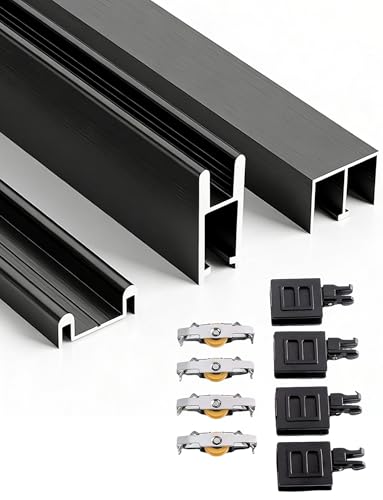 Aluminium Glass Sliding Door Track Kit, Double Sliding Rails with Silent Wheels, for Display Cabinets/Showcases/Closets, No-Drilling, Customizable Length(Black,100 cm/39.4 inch,0.8cm)