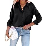Pausus Women's Black Silk Shirt Long Sleeve V Neck Button Down Blouse Work Tunic Top with Pocket（Bl