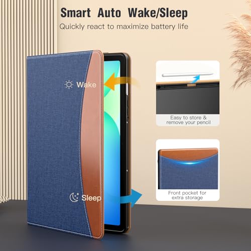 Image of MoKo Case for Samsug Galaxy Tab S10 Lite / S10 FE / S9 FE / S9 10.9 /11 Inch | Built-in S Pen Holder Case for Samsung Tablet (2025 /2023), PU Leather, Hand Strap & Front Pocket, Blue & Brown