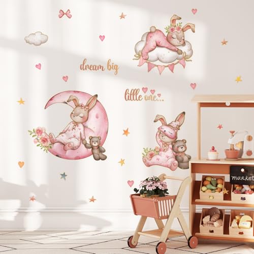 Cartoon Rabbit Wall Decal Sleeping Bunny on The Moon Cloud with Cute Bear Wall Stickers Peel and Stick for Kids' Room Nursery(Rabbit)