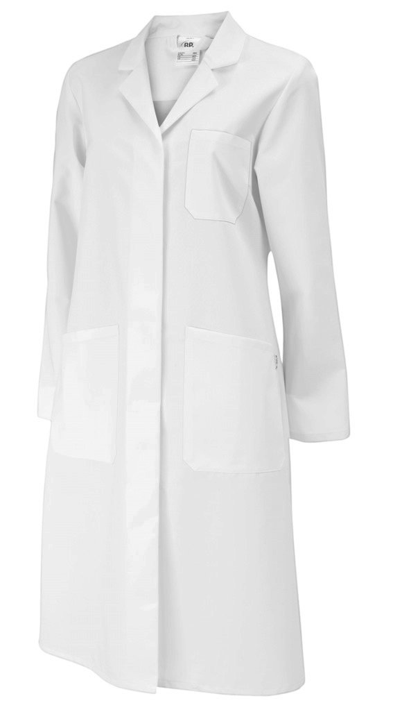 BP 1699-130-21-36n płaszcz damski, długi rękaw, kołnierz z okuciami, 205,00 g/m² czysta bawełna, biały, 36n
