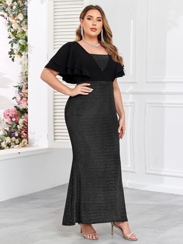 ZOMVA Women's Plus Size Sparkly Maxi Dress Ruffle Short Sleeve Bodycon Mermaid Gown Formal Cocktail Party Club Evening4