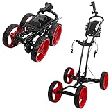 4-Wheel Golf Push Cart Golf Trolley with Foot Brake 1-Click Folding, 25KG Load Capacity, Large Storage with Cup Holder, Durable Wheels with Brake for All-TerrainRed,L