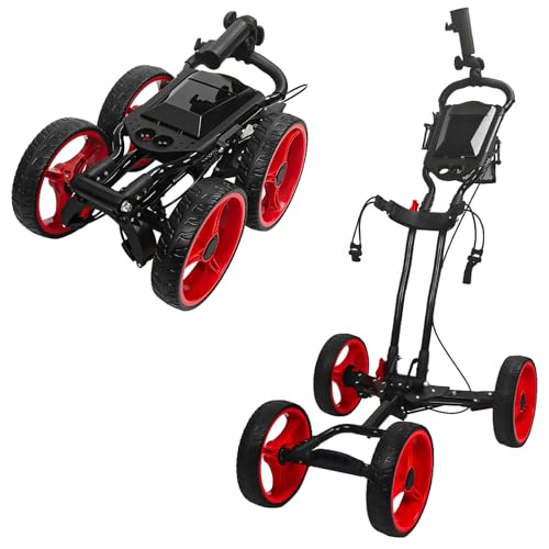 4-Wheel Golf Push Cart Golf Trolley with Foot Brake 1-Click Folding, 25KG Load Capacity, Large Storage with Cup Holder, Durable Wheels with Brake for All-TerrainRed,L