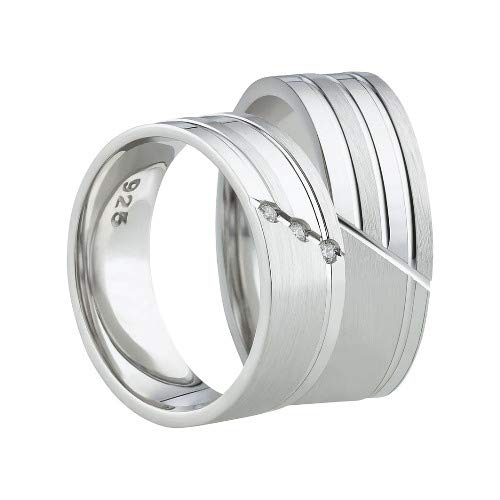 Schmuck DepotPair of Wedding Rings Partner Rings Engagement Rings Silver 925 with Zirconia + Engraving Proposal Rings, Silver