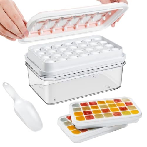 Bandeja de cubitos de hielo con tapa y contenedor, 56 bandejas de hielo para congelador, con 2 bandejas, moldes para cubitos de hielo, contenedor, tapa y cuchara de hielo, resistente a derrames, fácil