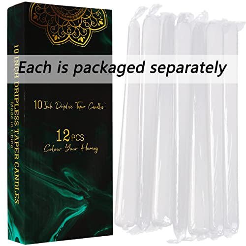 12 Pack Tall Taper - 10 Inch White Dripless, Unscented Dinner Candle - Paraffin Wax With Cotton Wicks - 7.5-8 Hour Burn Time #TOP1