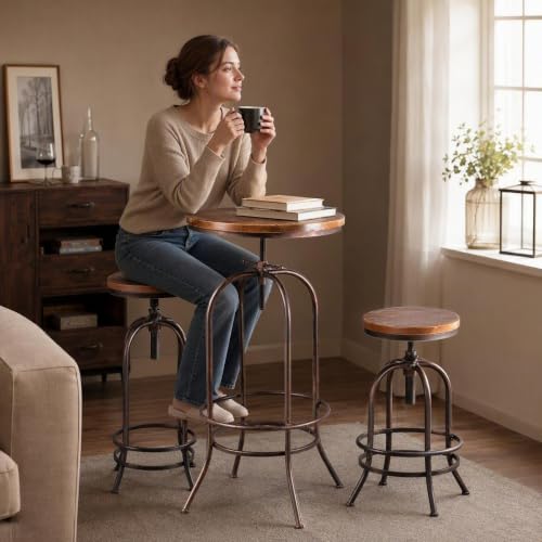 BOKKOLIK Vintage Bar Table Swivel Industrial Style Pub Table Kitchen Dining Tables Height Adjustable 37.4-45.3inch Coffee Table with Footrest - image 6