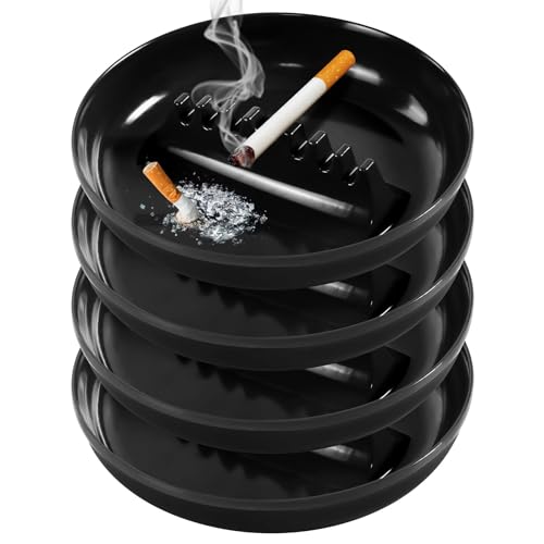 Grovind Plastic Ashtrays for Cigarettes and Cigars, Indoor Outdoor Ash Tray Large Size Tabletop Ashtray Decor for Home Office Restaurant Patio Bar - 4 Pack (Black)