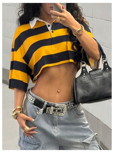 Milumia Women's Y2k Striped Button Up Collared T Shirt Short Sleeve Drop Shoulder Crop Tops4