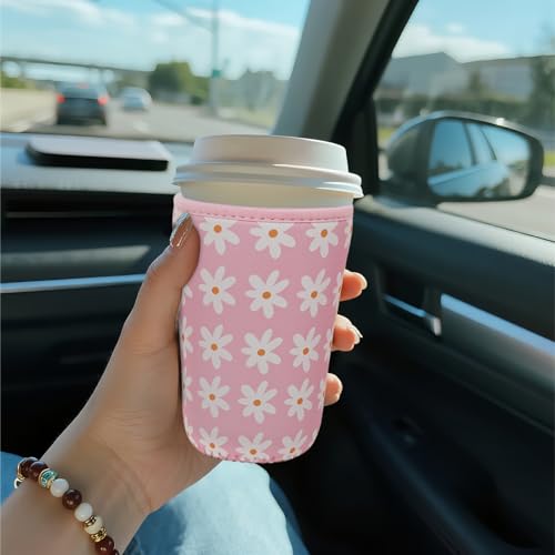 Image of Reusable Insulated Sleeve for Iced Coffee Cup, Coffee Neoprene Sleeve for Cold & Hot Drinks, Beverage Holder for Iced Coffee (Pink Daisies, Small: 16-18oz)