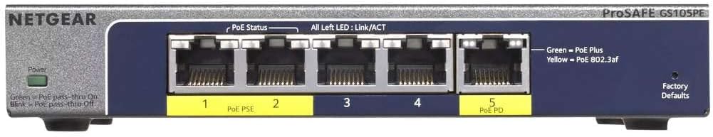 NETGEAR GS105PE-10000S 5-Port Gigabit Ethernet Smart Managed Plus PoE Switch (GS105PE) - with 2 x PoE PD Powered @ 19W Pass-thru, Desktop, and ProSAFE Limited Lifetime Protection, Grey