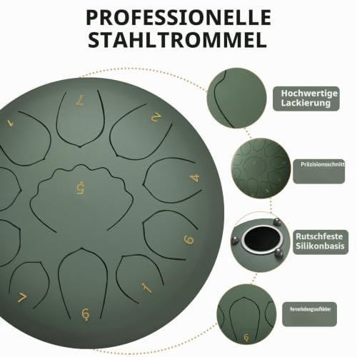 Stahlzungentrommel,Noten Regentrommeln für Außengarten, Regenspiel, Handpfanne mit Musikbuch, Schlägel, Regenspiel, wasserdicht, Handpan-Instrument im Freien (Steingrün, 8 Zoll)